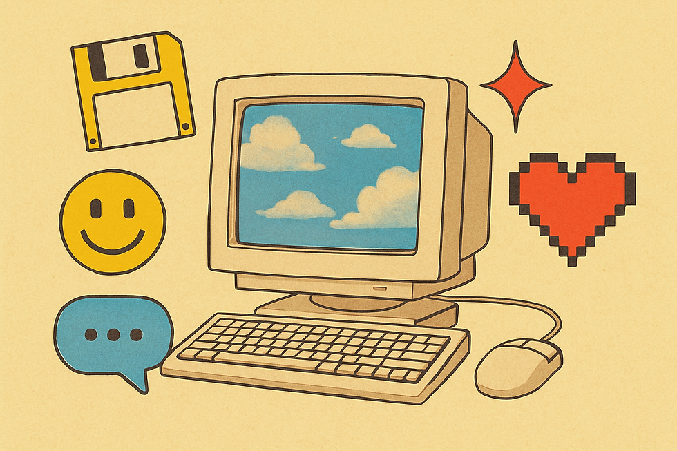 Retro computer with a cloudy sky screen, surrounded by a floppy disk, smiley face, speech bubble, red pixel heart, and spark, on beige.