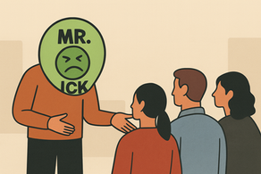 A flat-style illustration shows a man speaking to three colleagues with a large speech bubble that says, “We’ve always done it this way.” A green “Mr. Ick” sticker with an unhappy face covers the speaker’s face, while the three colleagues listen; none of them have a sticker. The scene has muted beige and earth-tone colors, evoking workplace resistance to change.