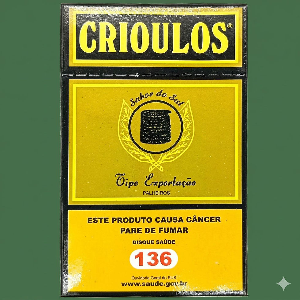 Maço de cigarros Crioulos amarelo Tipo Exportação, com aviso de câncer.