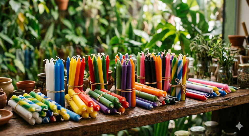 Maços de velas coloridas artesanais expostas em prateleira de loja.