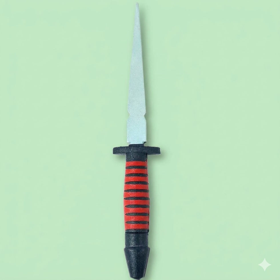 Punhal com cabo preto e vermelho, lâmina prateada, fundo verde claro