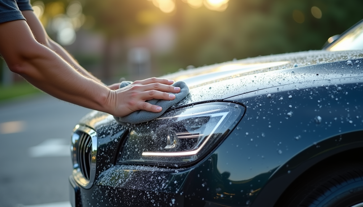 Eye-level view of a luxury car being gently washed with a microfiber mitt in a shaded driveway