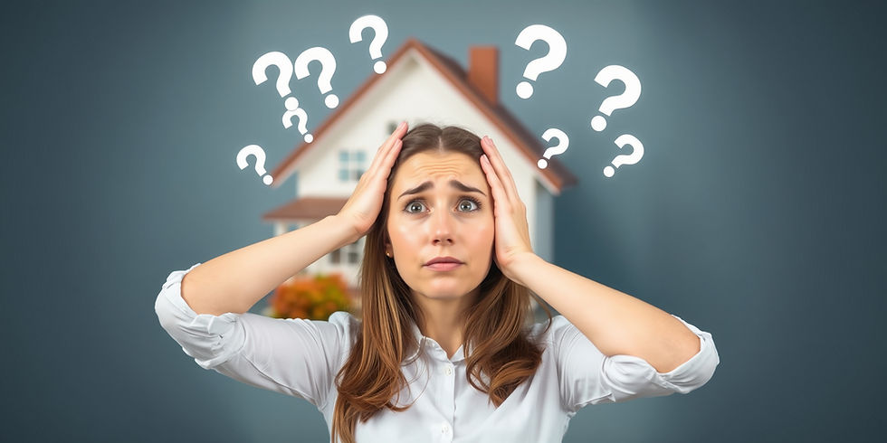 A woman standing in front of a house looking very confused and stressed
