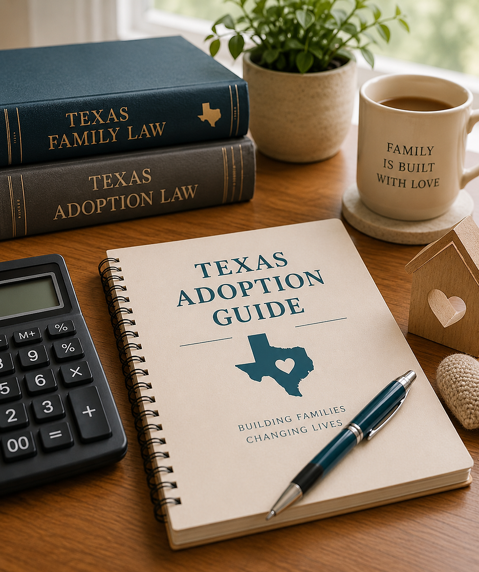 Texas Adoption Guide notebook with law books and coffee.