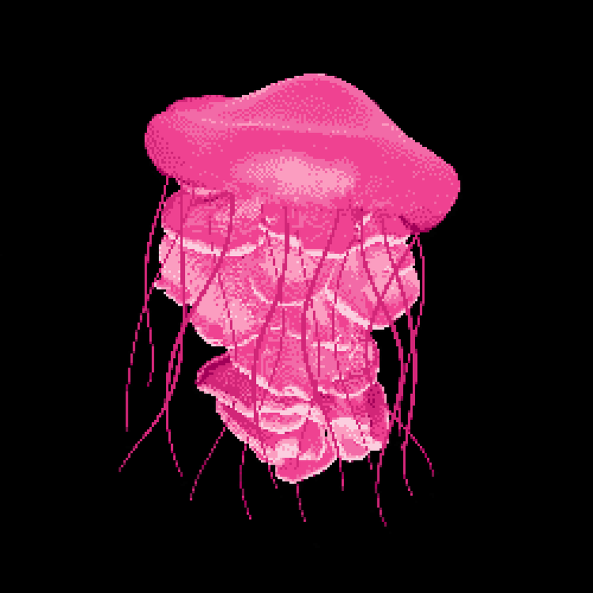 Pixelated pink mushroom jellyfish jellyshroom pixel art Drymonema Djamor pink oyster jellyfish