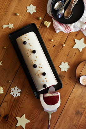 Photographie culinaire d'une buche de Noël glacée