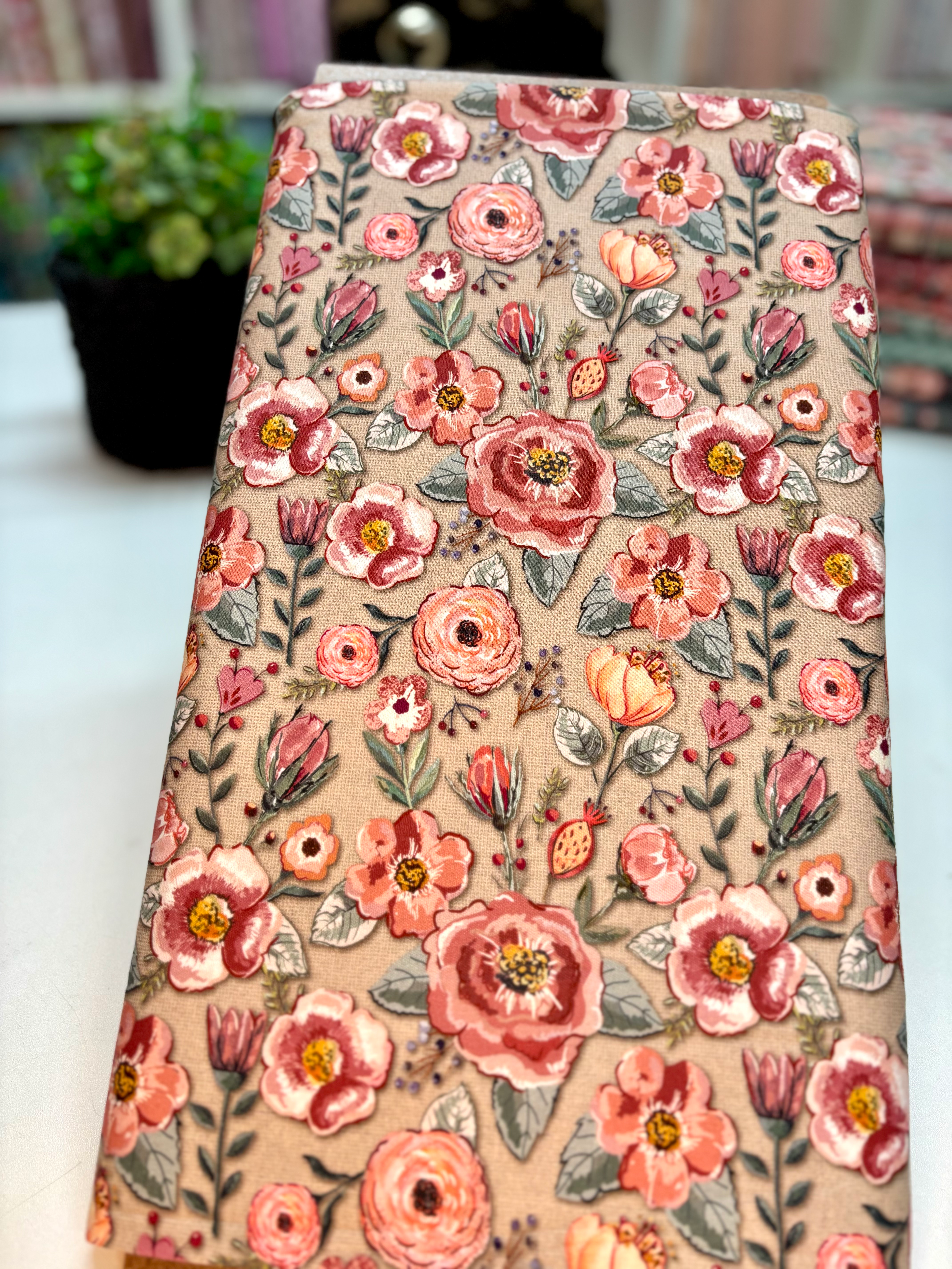 Tricoline estampa digital Floral fundo bege Coleção Requinte