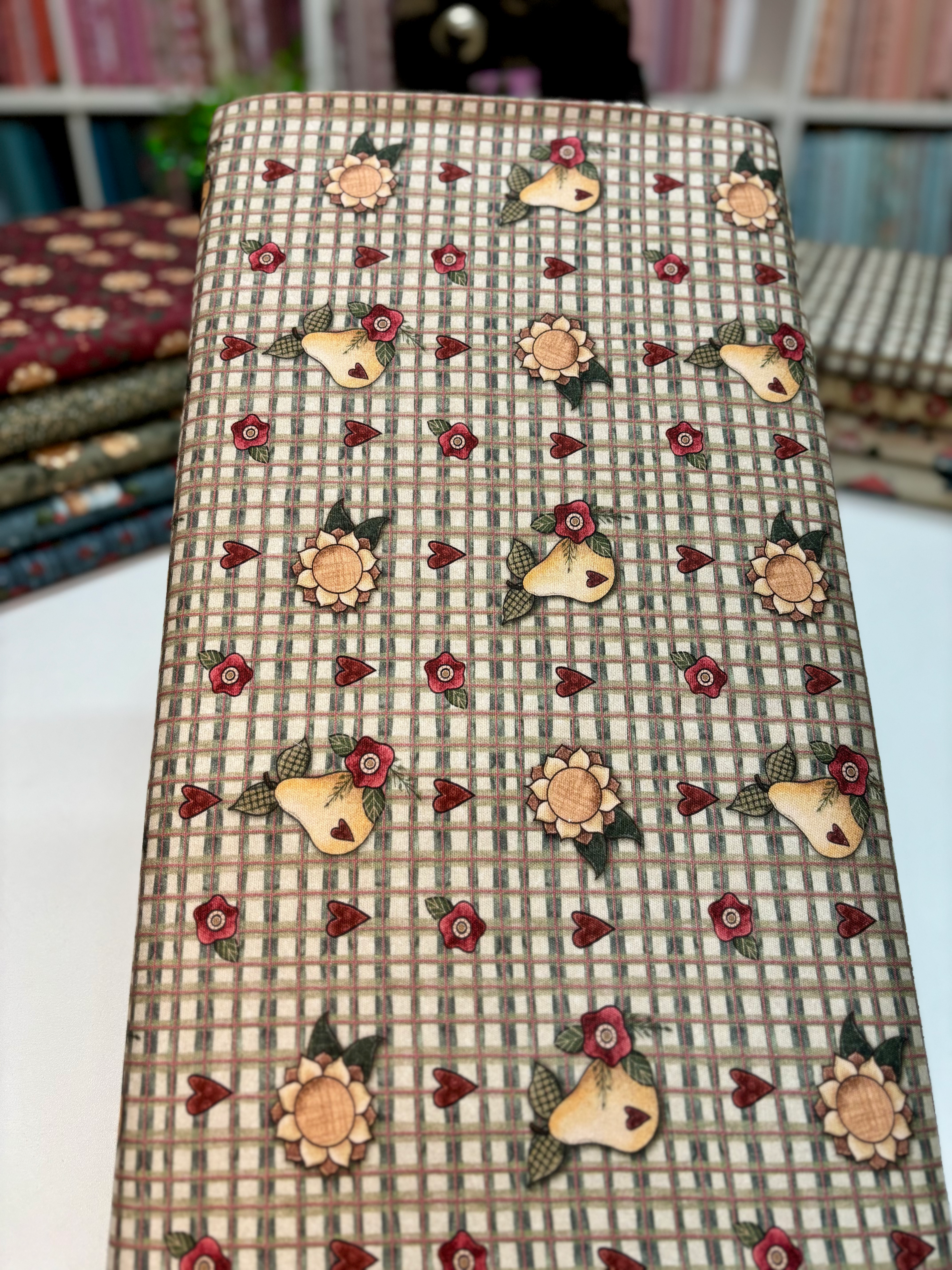 Tricoline estampa digital fundo xadrez e pêras Coleção Home Sweet Home