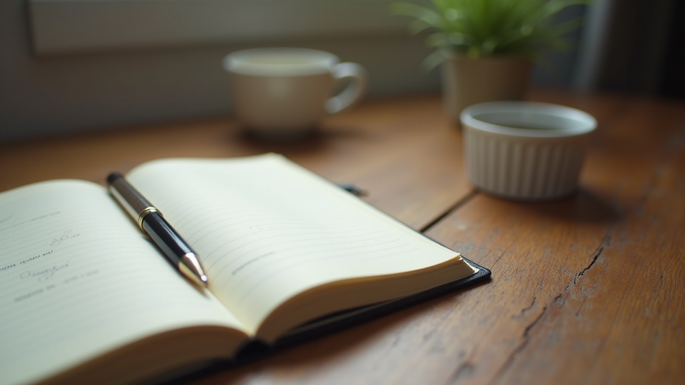 close-up view of a journal and pen on a wooden table