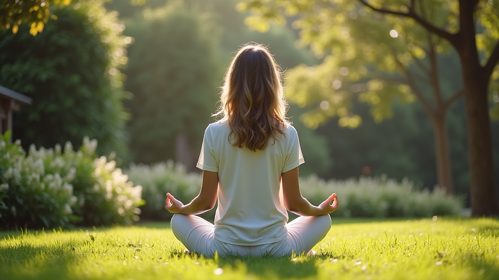 eye-level view of a woman meditating in a serene garden