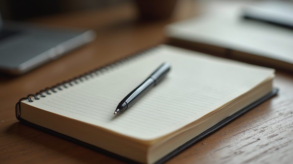 close-up view of a journal and pen on a wooden table