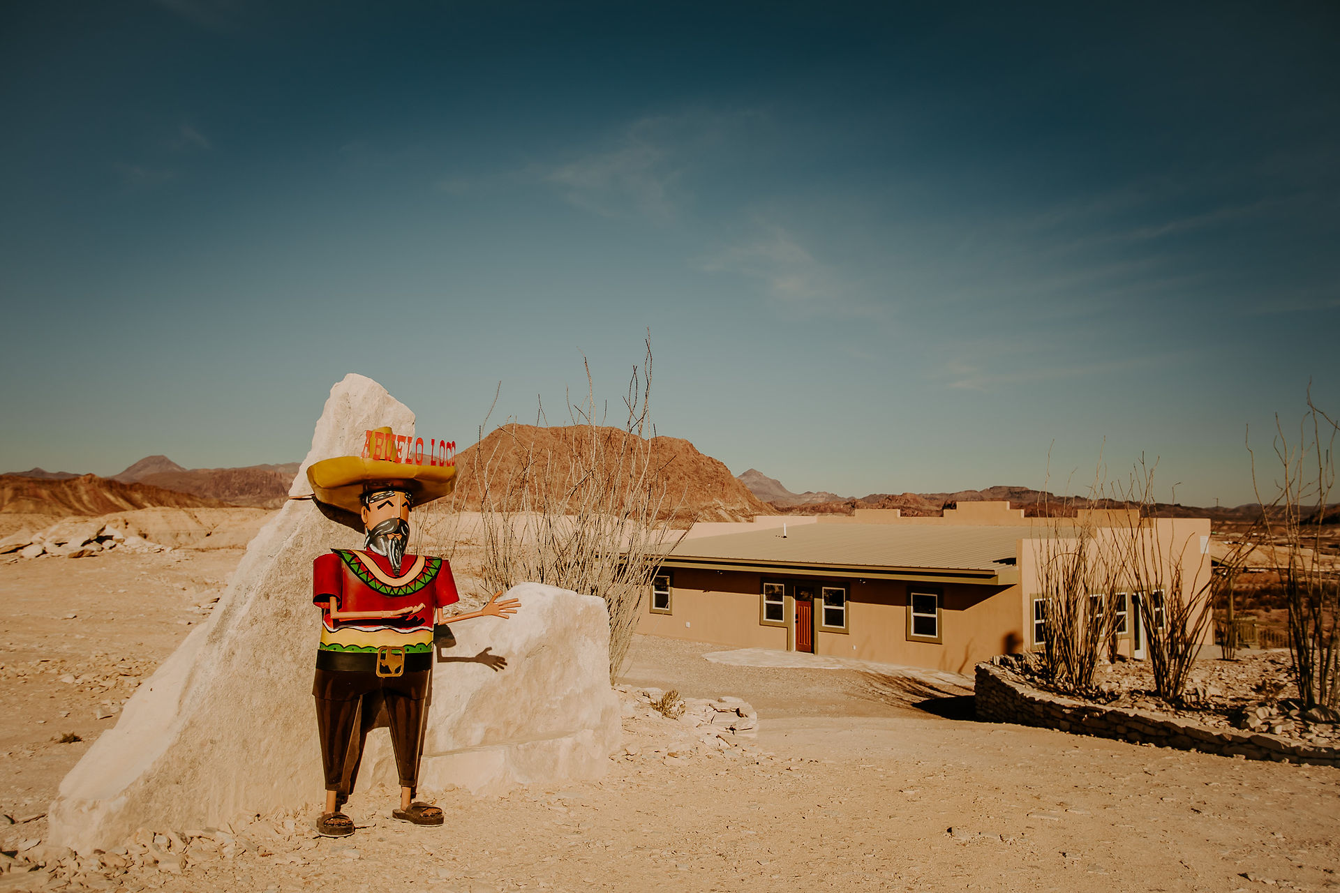 Scenic view of Abuelo Loco Airbnb surrounded by desert near Big Bend National Park