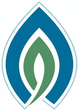 Abstract logo of a blue and green flame shape with a white outline.