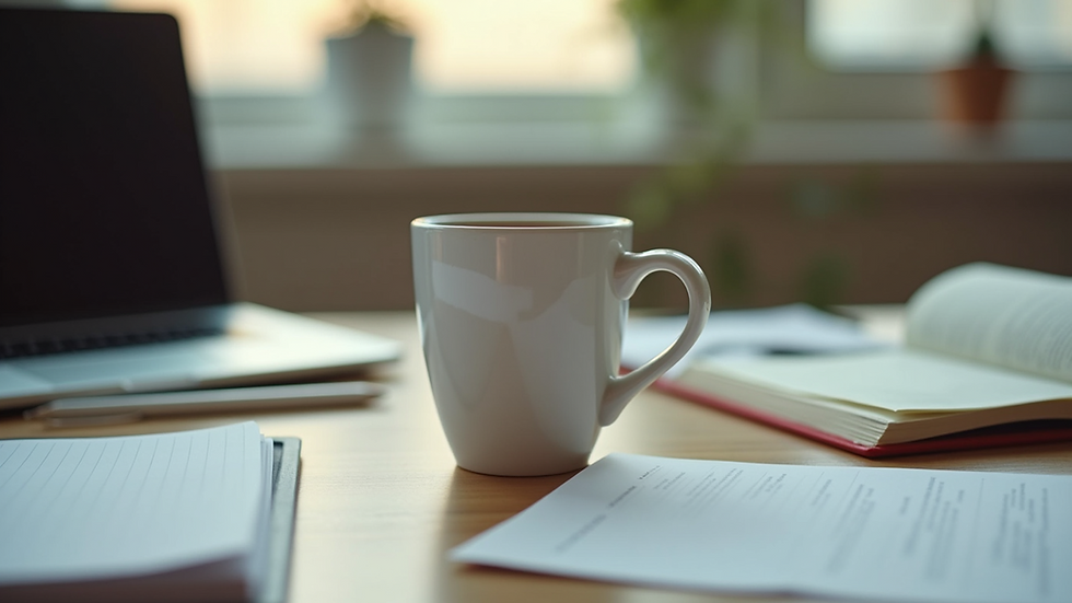 Close-up of a student’s desk with study materials and a cup of coffee
