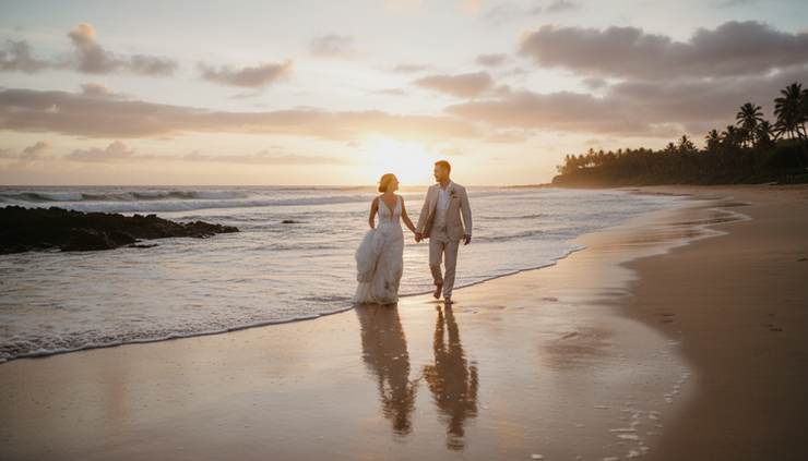 Wide-angle view of a couple walking along an empty Oahu beach at sunset
