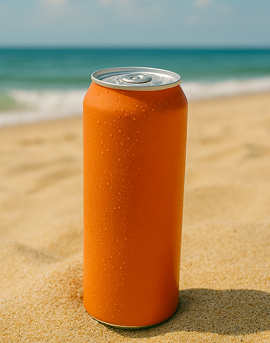 Orange drink can on the beach