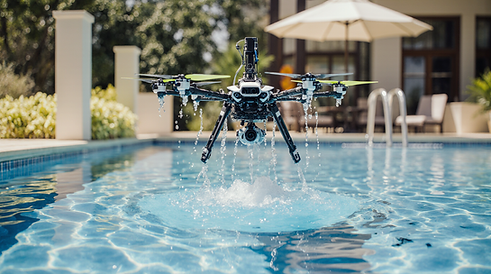 a_hybrid_drone_flying_just_above_a_swimming_pool_on_a_sunny_day_water_droplets_falling_fro