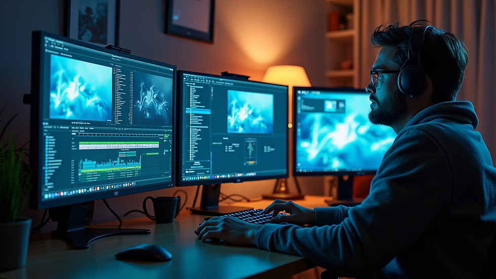 High angle view of a video editing workstation with multiple screens