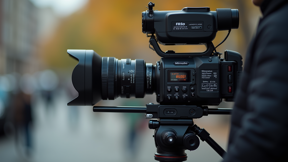 Close-up view of professional video camera on tripod