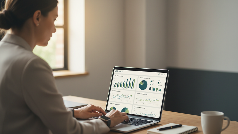 Close-up view of a business analyst reviewing ERP dashboard on a laptop