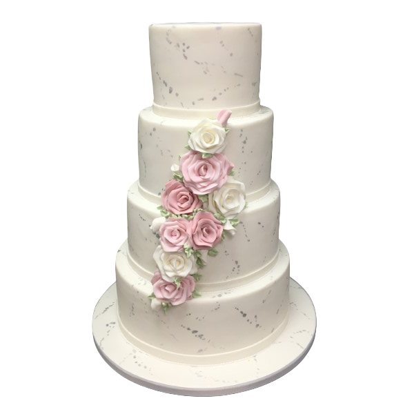 Five-tier wedding cake with pink and ivory sugar paste roses.