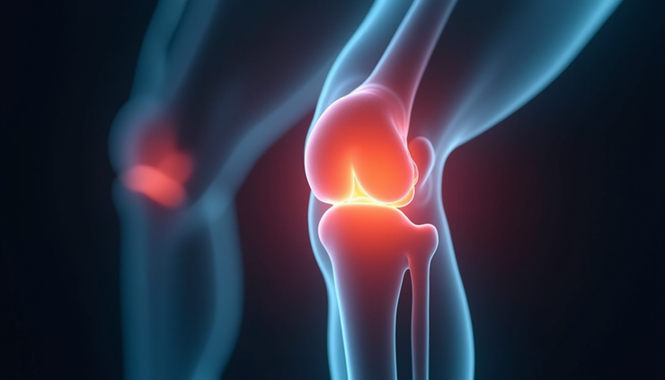Close-up view of a human knee joint showing cartilage wear