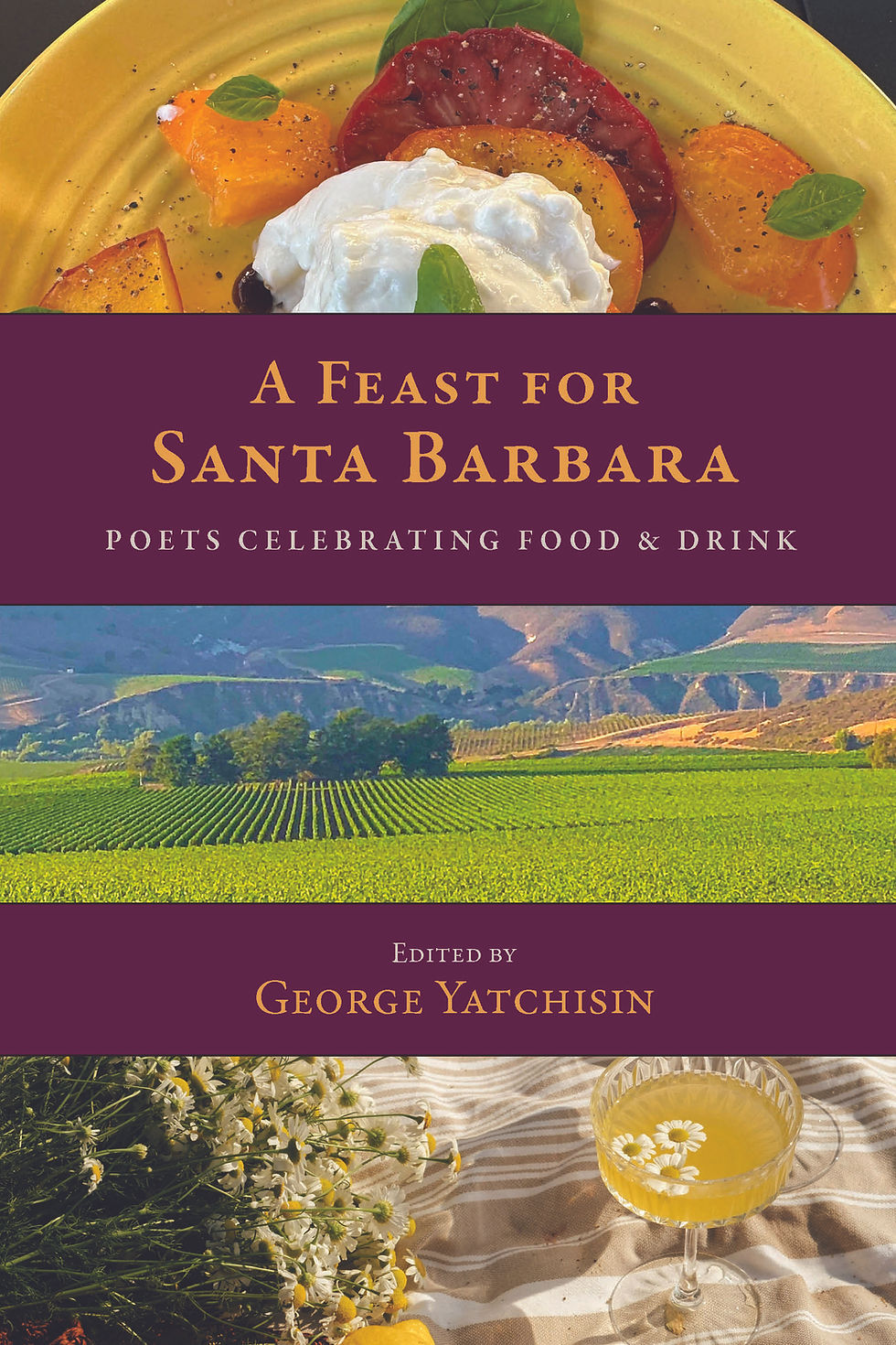book cover with pictures of a tomato salad, farm crops, and a cocktail.