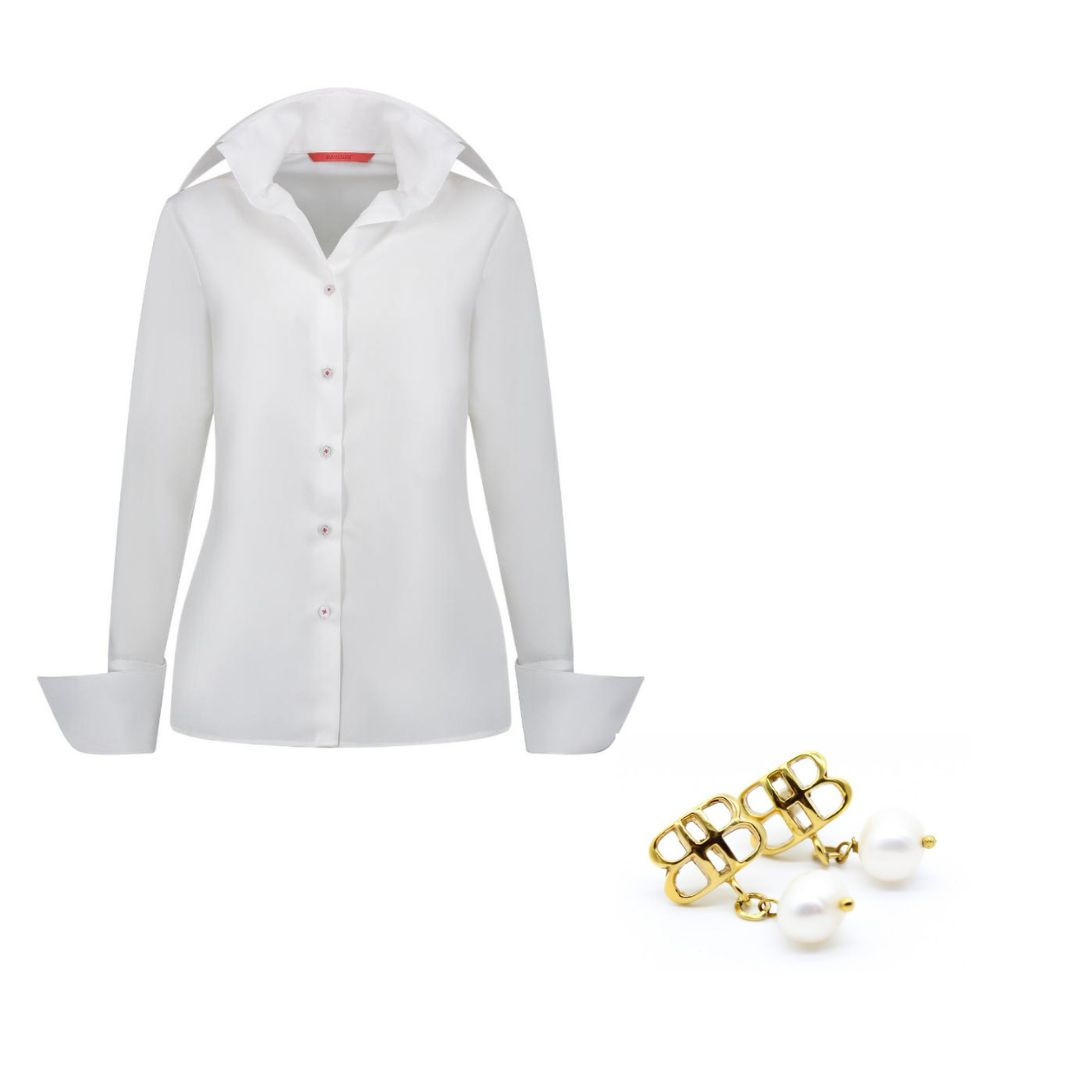 BLUSA BLANCA+ARETES BROQUEL CON PERLA