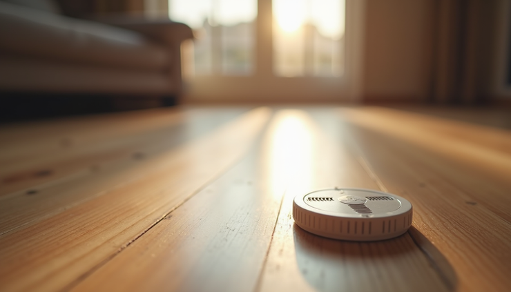 Eye-level view of a radon testing device placed on a wooden floor in a residential home