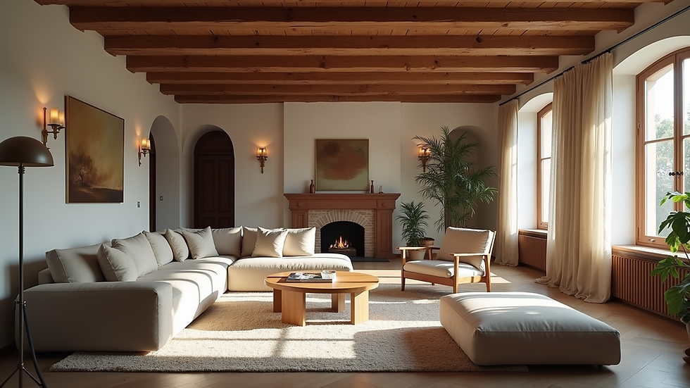 Eye-level view of a living room combining vintage wooden beams with modern furniture and lighting