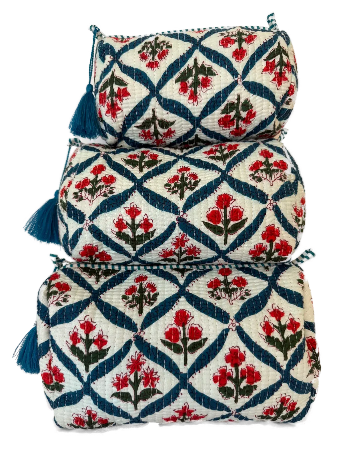 a fresh and timeless quilted cotton pouch set with indigo detailing and red floral print.