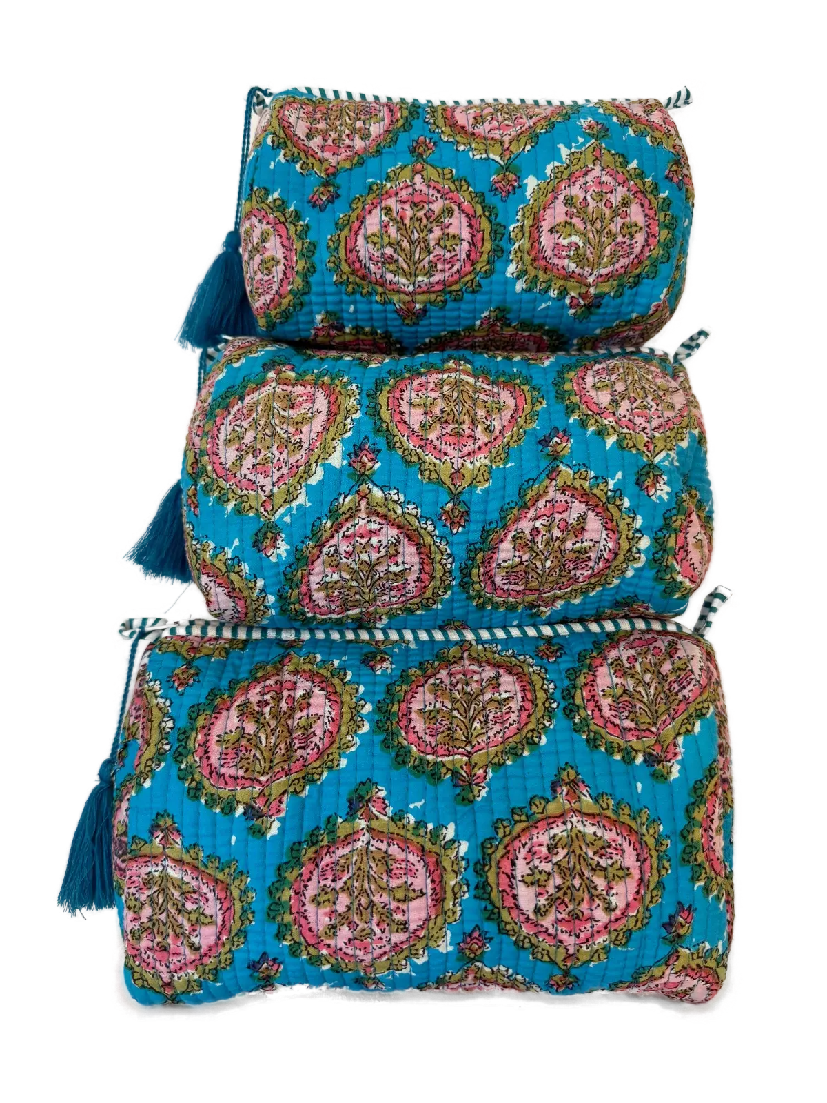 a vibrant quilted cotton pouch set in turquoise and pink, full of colour and character.