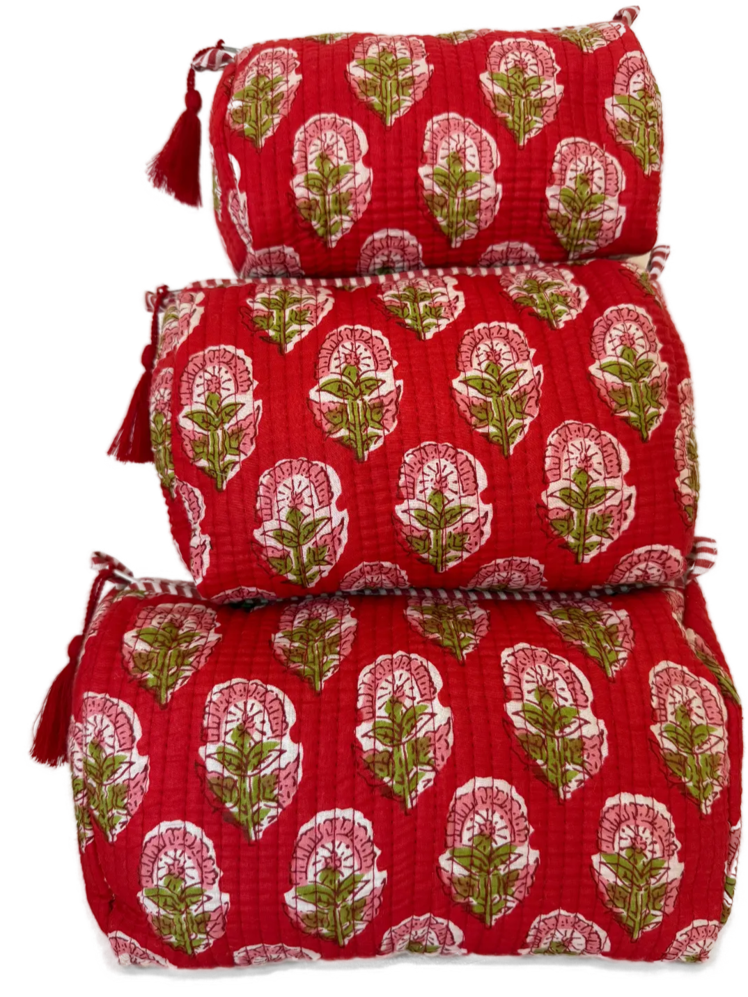 a warm red quilted cotton pouch set with floral print and a lively, expressive look.