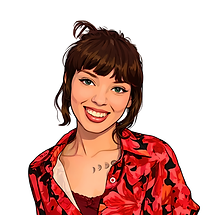 A young woman with a floral shirt smiling.