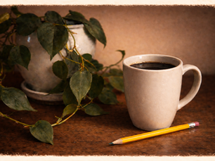 Illustration of a coffee cup with coffee on a wooden surface beside a small green houseplant, rendered in a soft, muted style.