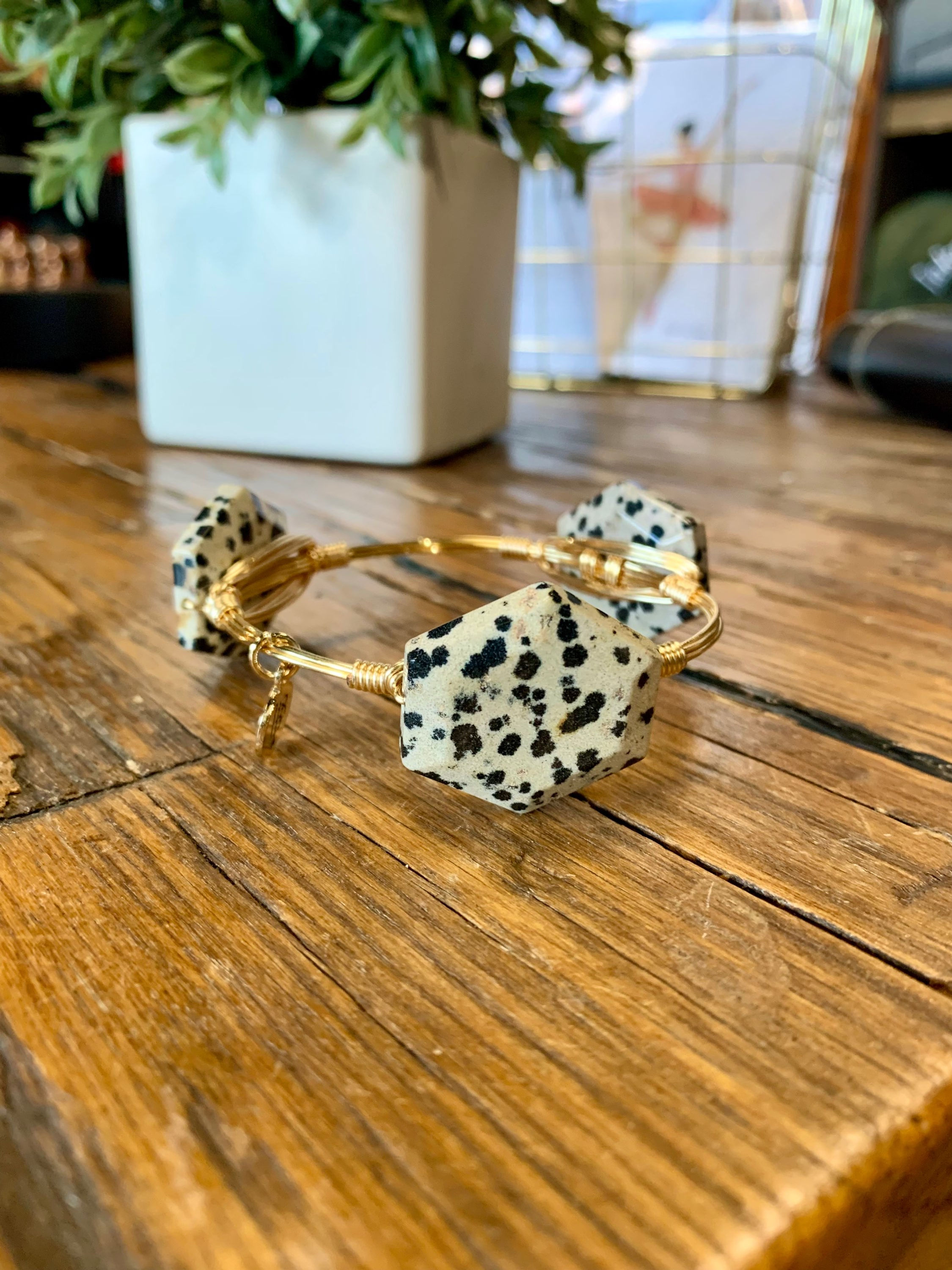 Bourbon & Boweties Dalmatian Stone Gold Bangle (L)
