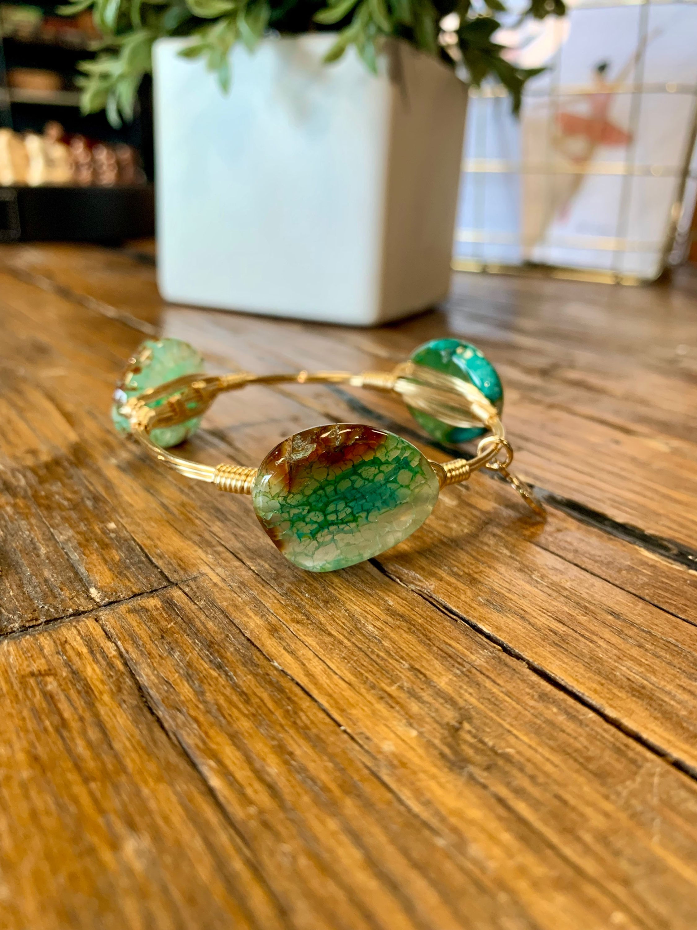 Bourbon & Boweties Green/Brown Stone Gold Bangle (S)