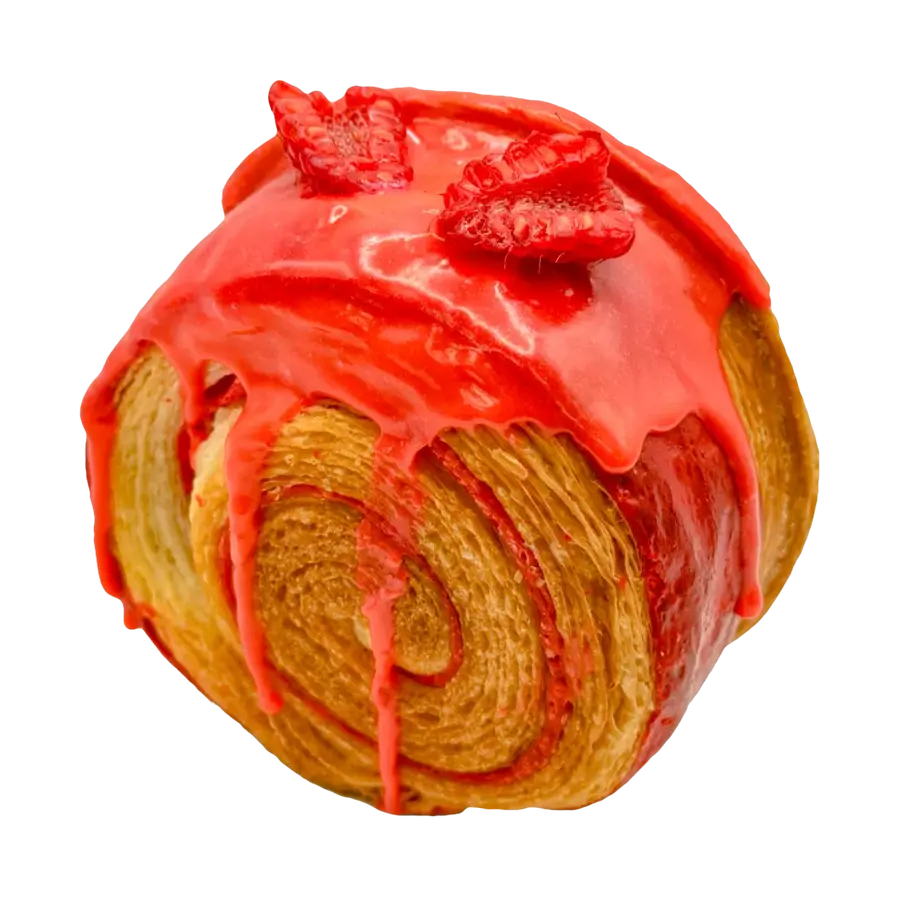 New York Roll Framboise : croissant circulaire doré avec crème pâtissière à la framboise – une douceur exquise à savourer.