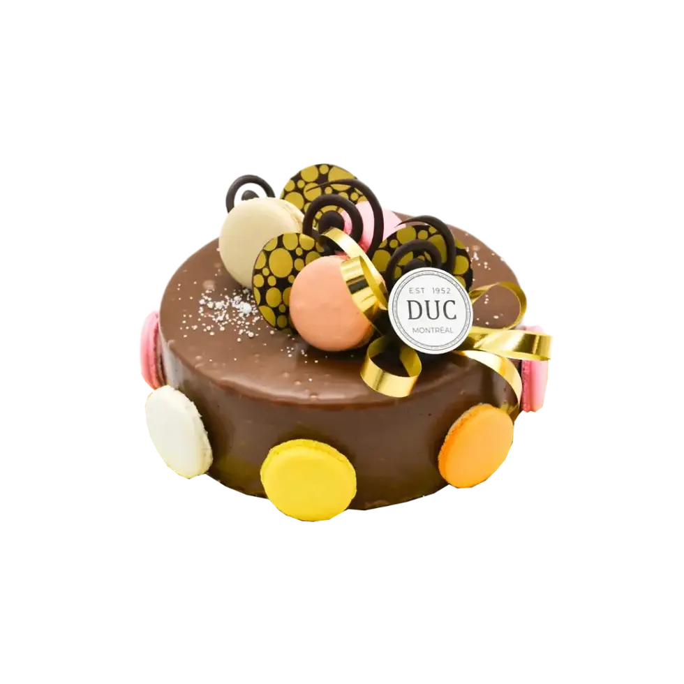 Gâteau Mousse Gianduja : génoise chocolat-vanille, crème praliné, ganache chocolat au lait.