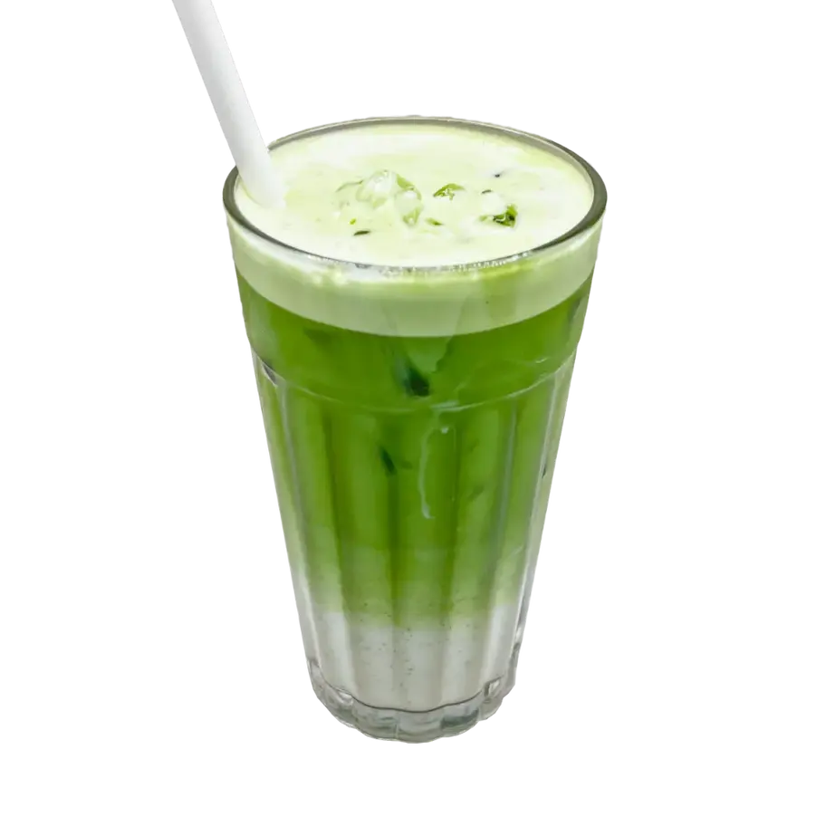 Café glacé Latte Matcha Duc de Lorraine : crème vanille et matcha avec sucre caramélisé, visuellement irrésistible.