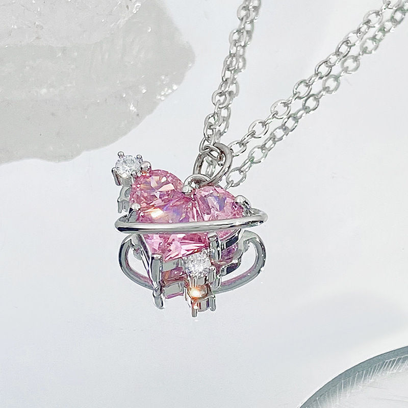 Thumbnail: Y2K Sweet Pink Diamond Heart Necklace for Women