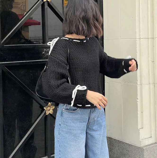 Thumbnail: Bowknot Y2K Sweater – Long Sleeve Knit Top