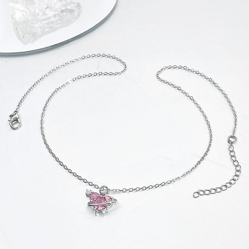 Thumbnail: Y2K Sweet Pink Diamond Heart Necklace for Women