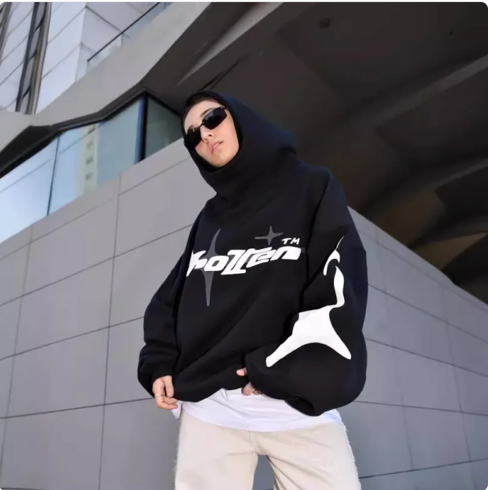 Thumbnail: Loose-Fit Y2K Star Letter Printed Turtleneck Hoodie