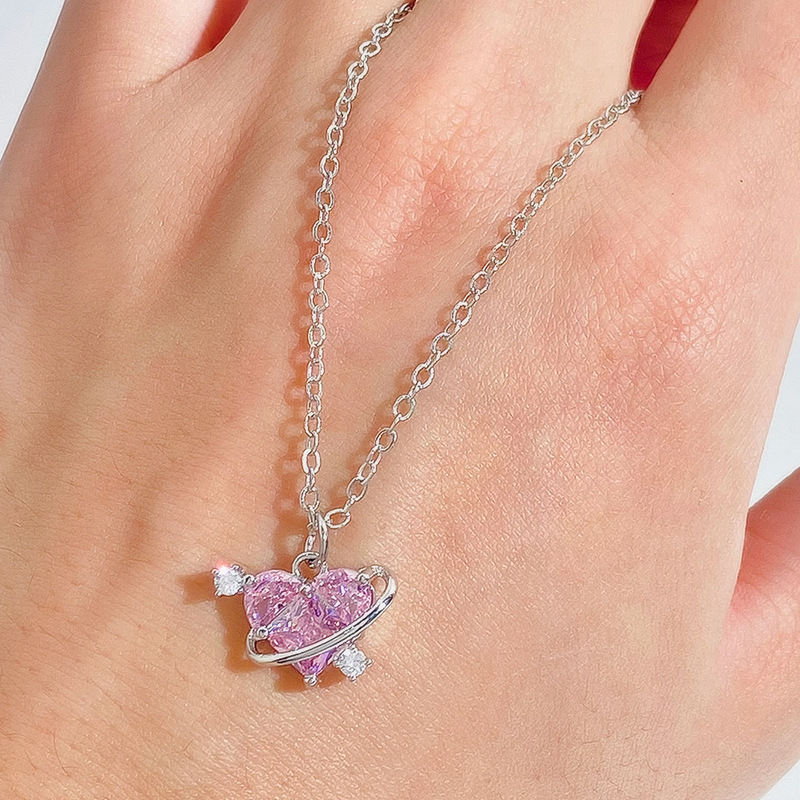 Thumbnail: Y2K Sweet Pink Diamond Heart Necklace for Women