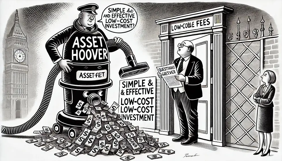 "Behold the 'Asset Hoover' in its natural habitat: tirelessly vacuuming up fees while the confused consumer clutches the obvious solution—a low-cost, no-nonsense investment pamphlet. Regulation slams the door on dubious practices, much to the adviser's dismay."