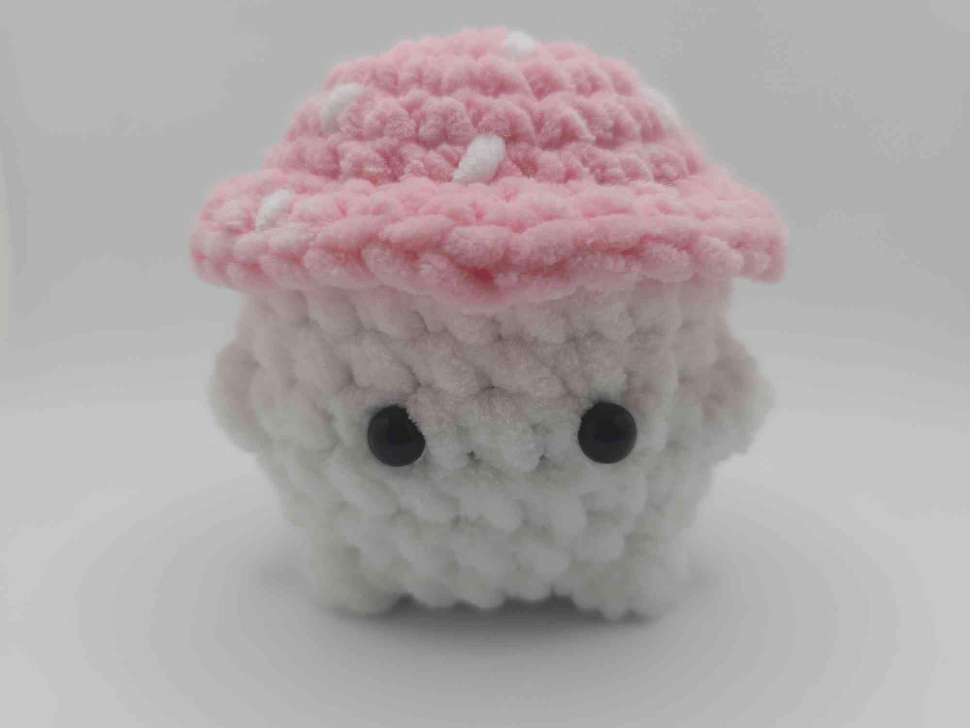 Pink and white amigurumi handmade crochet mushy boy