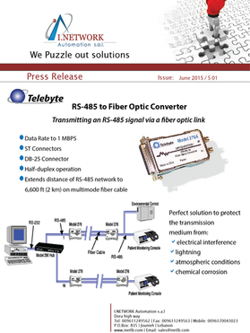 Press Release: Telebyte RS-485 to Fiber Optic Converter (June 2015)