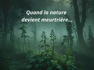 Forêt dense et obscure peuplée de plantes toxiques aux feuilles sombres et baies vénéneuses, baignée d’une lumière tamisée qui évoque un jardin interdit et mortel, théâtre d’une danse macabre végétale. 