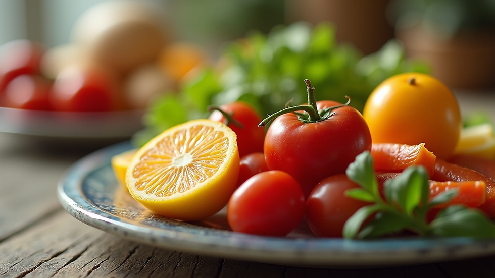 Close-up view of a colorful plate filled with fresh fruits and vegetables